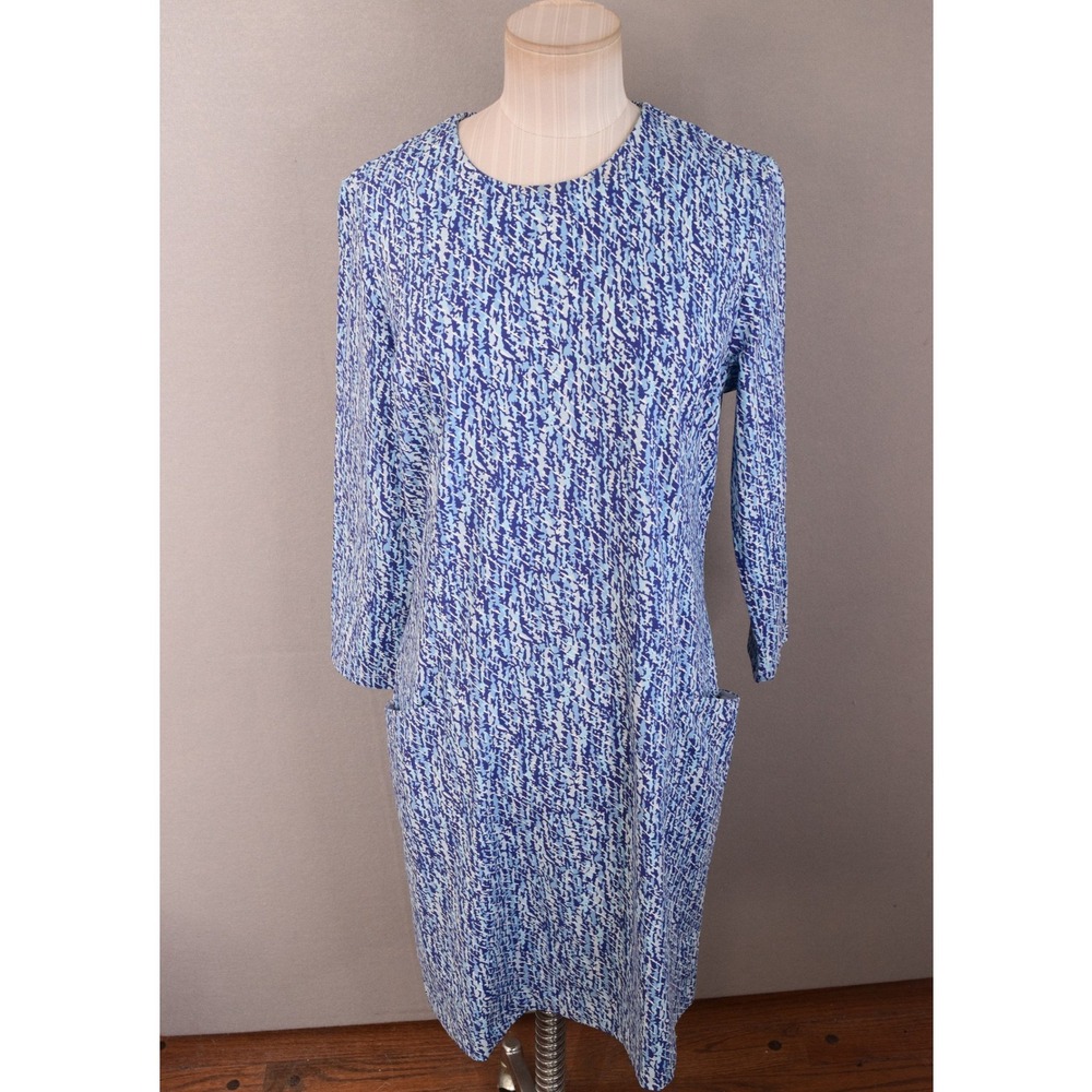 J McLaughlin Catalyst Dress Large Blue White Abstract 3/4 Sleeve Pocket Catalina